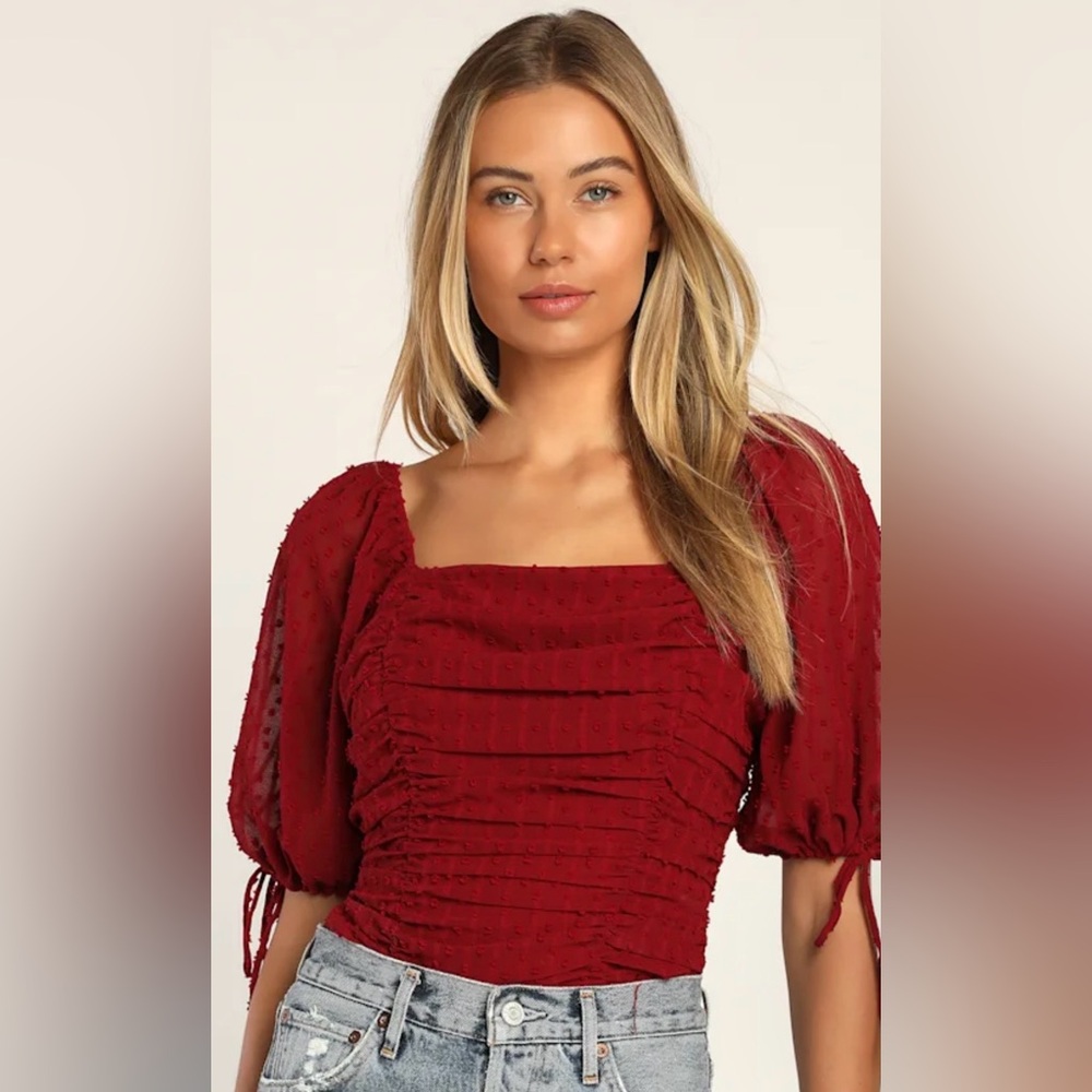 Lulus Red Sheer Ruched Bodysuit Puff Sleeve Tie Detail Romantic Top NWT Medium